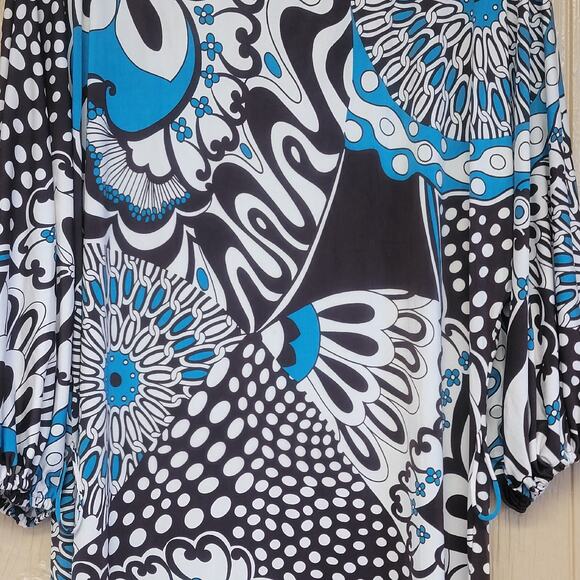 Marc Bouwer Midi Dress sz M Brown Teal Cream Geometric Floral Midi Straight - Picture 5 of 6